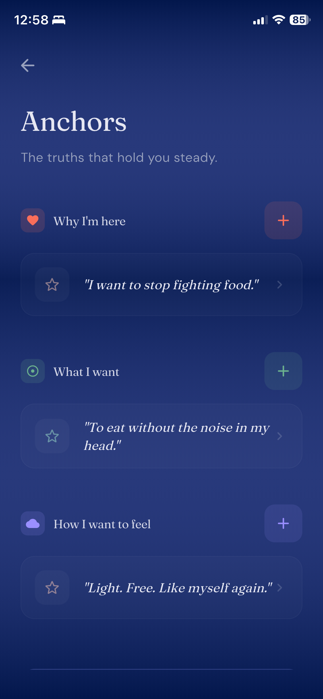 Anchors screen showing personal motivations like 'I want to stop fighting food' and 'Light. Free. Like myself again.'