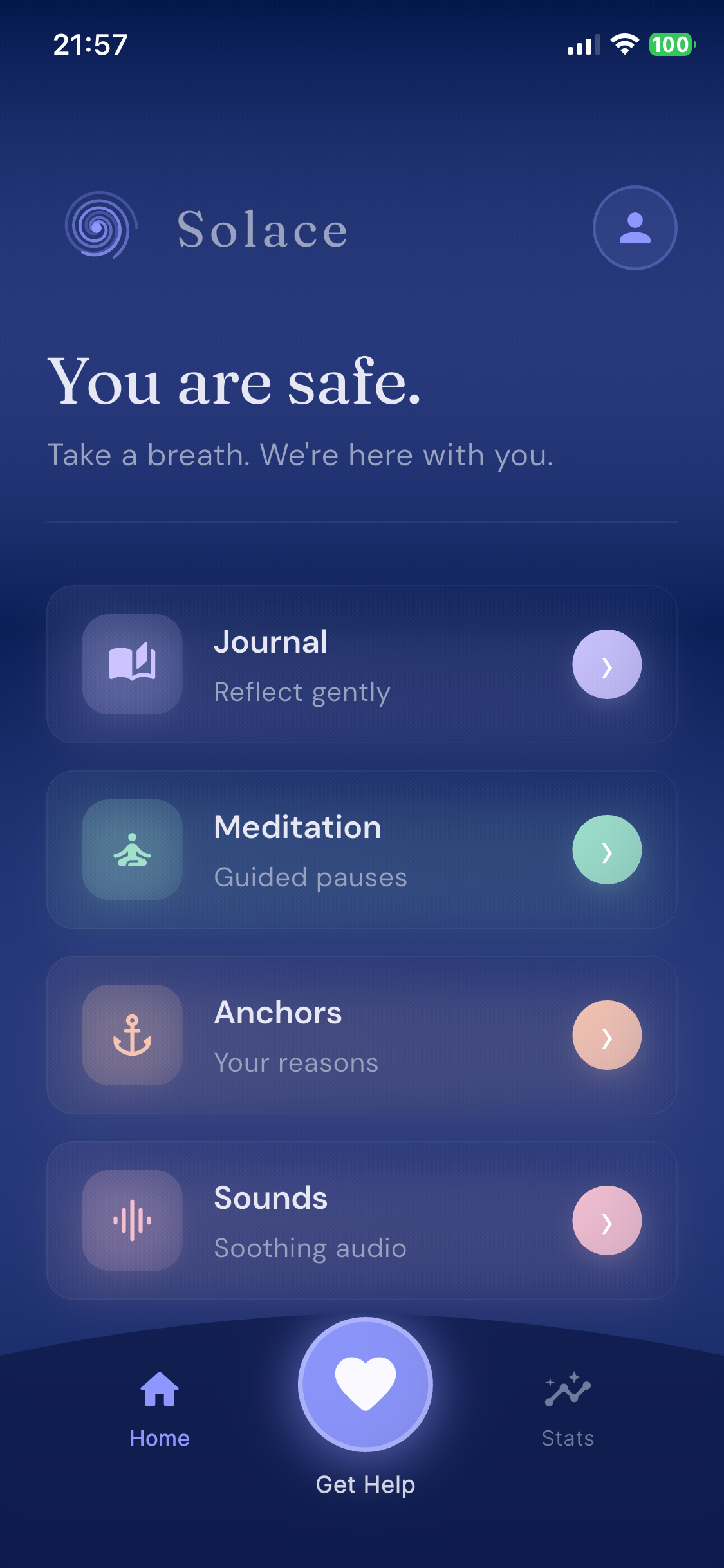 Solace app home screen showing 'You are safe. Take a breath.' with Journal, Meditation, Anchors, and Sounds features