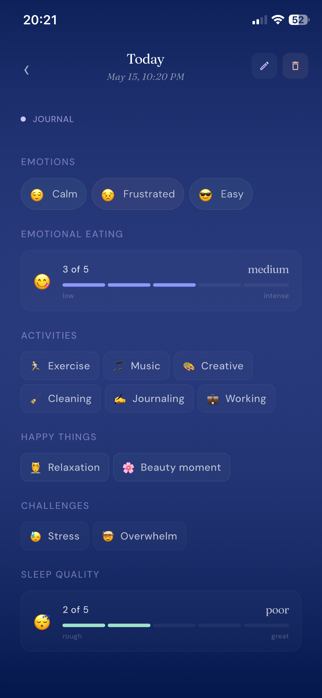 Journal entry showing emotions, activities, and reflection without food tracking