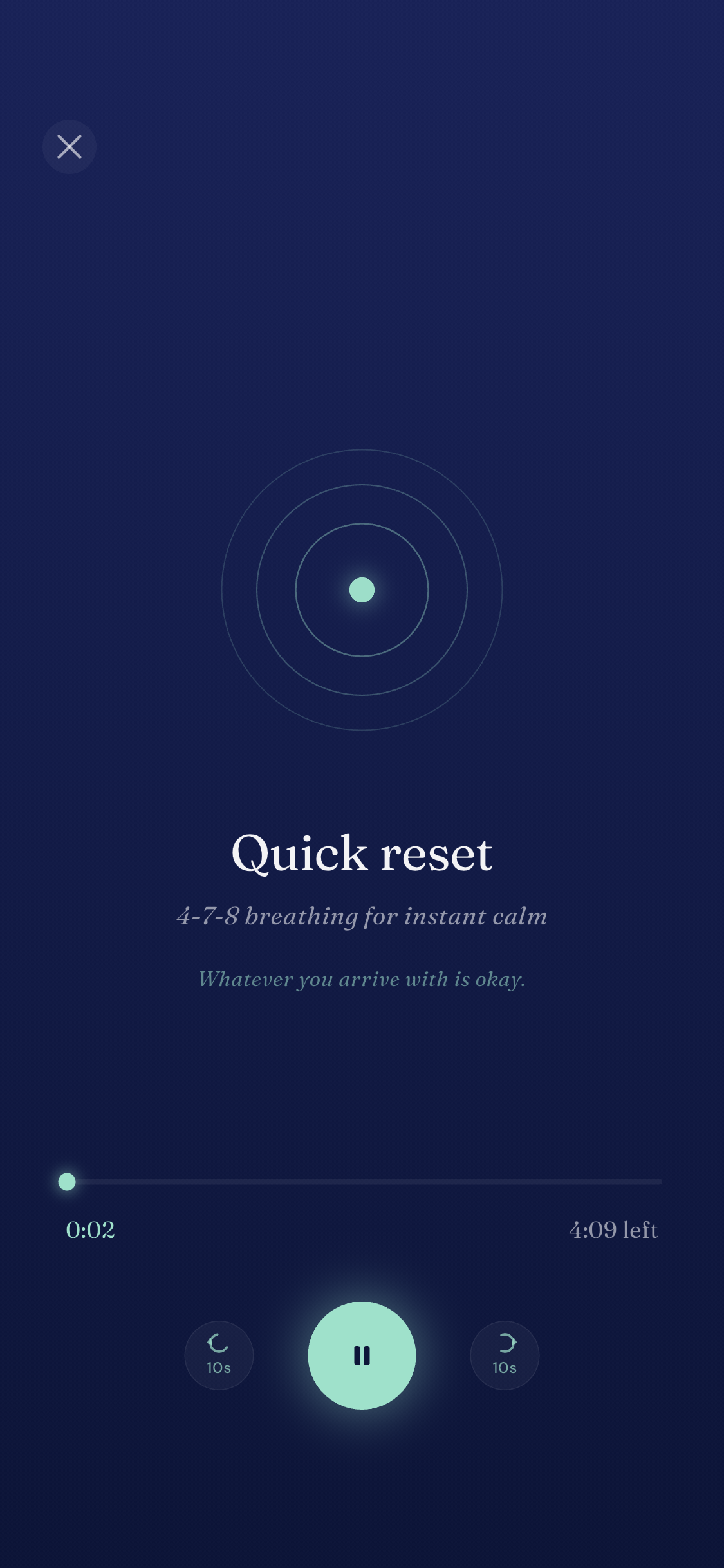 Meditation screen showing 'Quick reset' with 4-7-8 breathing for instant calm