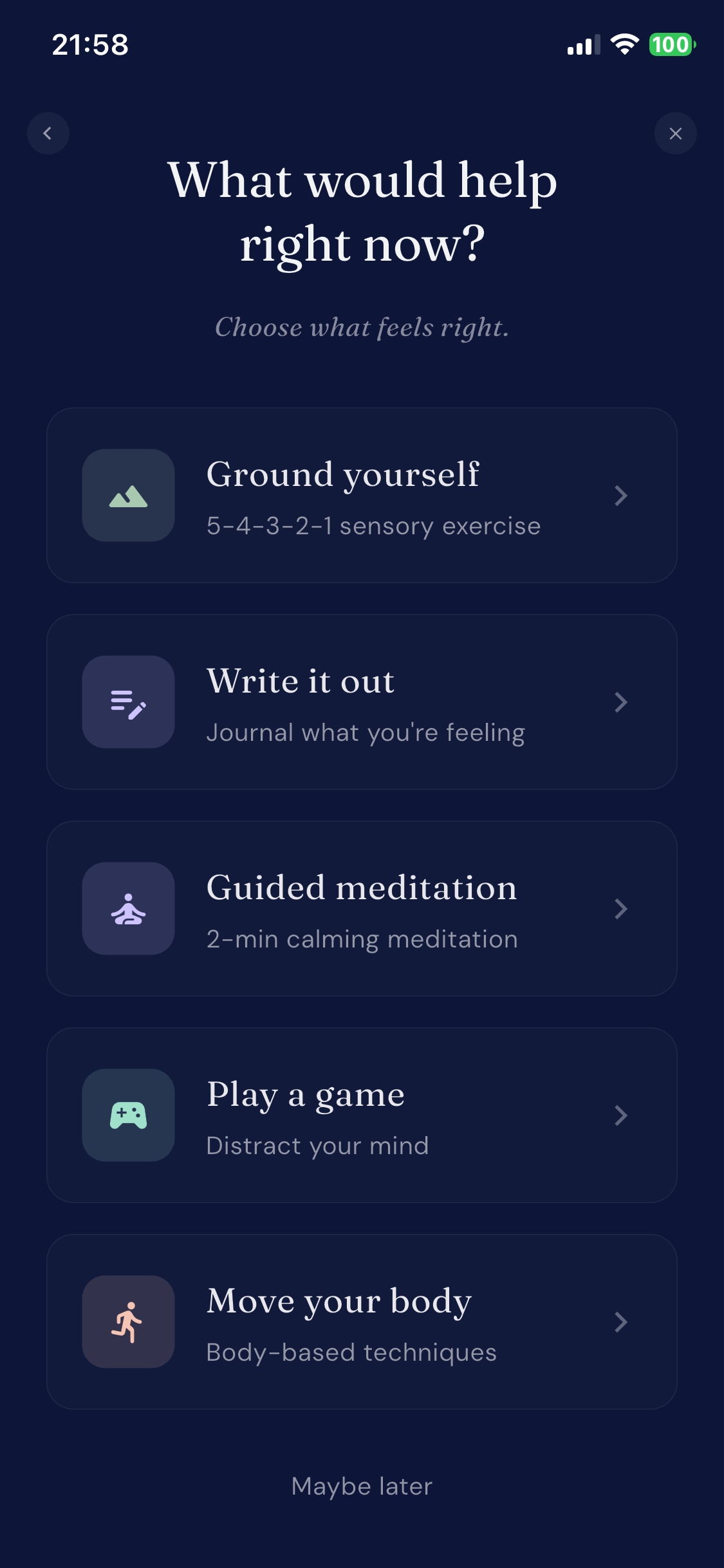 Support menu showing options: Ground yourself, Write it out, Guided meditation, Play a game, Move your body